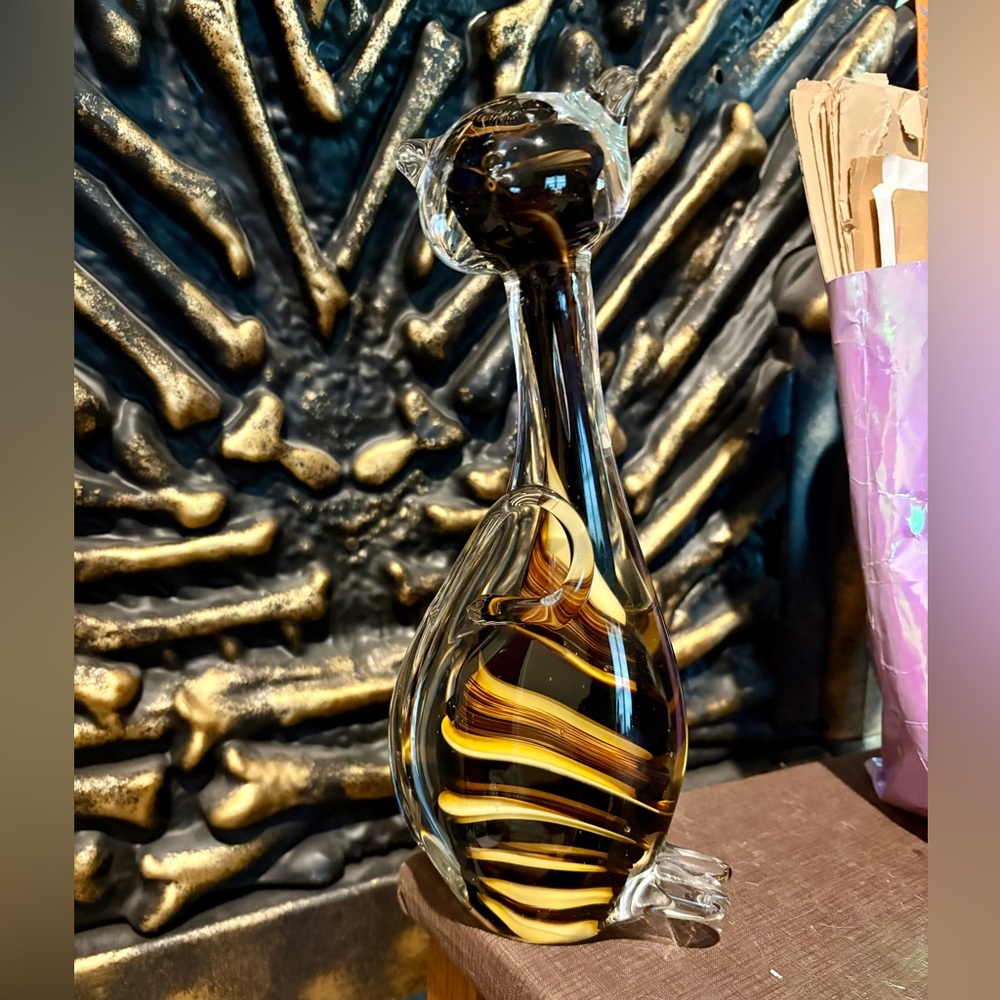 Vintage Murano Style Art Glass Cat Kitty Figurine Amber Swirl 10”